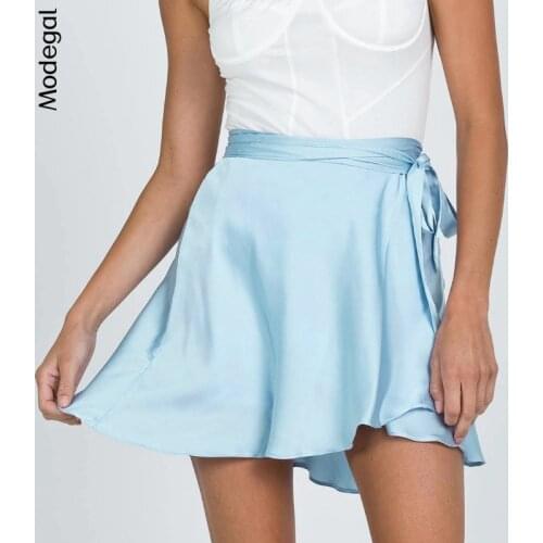 Modegal Womens Casual Satin Lace-up Mini Skirt Wrap Tie Knot Solid Color High Waist Silky One-piece Wrap Skirts Summer