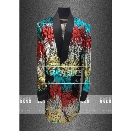 Mens bling colorful full sequined beading event long jacket /dance/jazz/trendy stage performance jacket