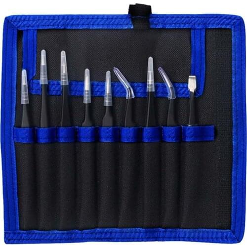 9pcs Esd Professional Stainless Steel Tweezers Set Repair Tool Kit Anti Static For Electronics Phone Repairing Eyelash Tweezers