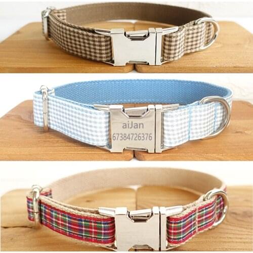 Personalized Dog Collar Customized ID Name Engraved Small Medium Large Dog Puppy Collars Plaid Pattern Metal Buckle Adjustable