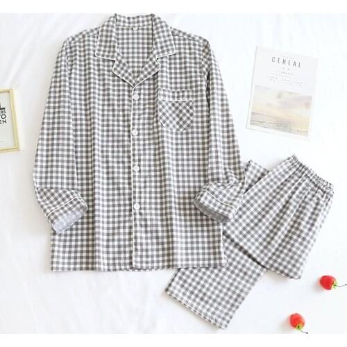 Spring / Autumn New Long Sleeved Pajamas Men and Women Trouser Suits Thin Plaid Plain Cotton Two Piece Set Lovers Home Clothes