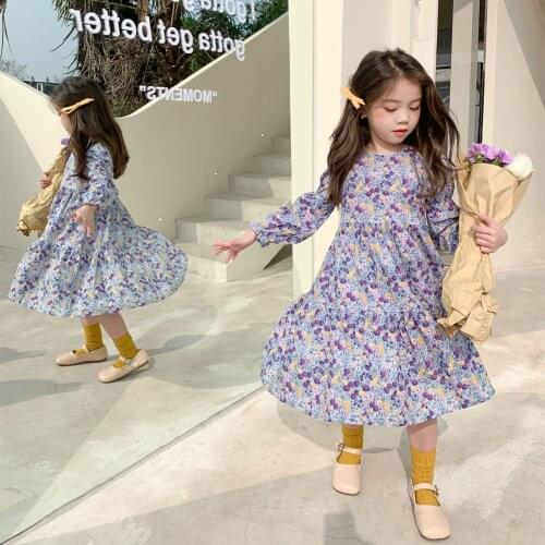 Girls Floral Dress Baby Clothes 2021 New Kids Summer Dress Long Sleeve Toddler Fresh Cotton Clothing Two Colors Ruffles,#6006