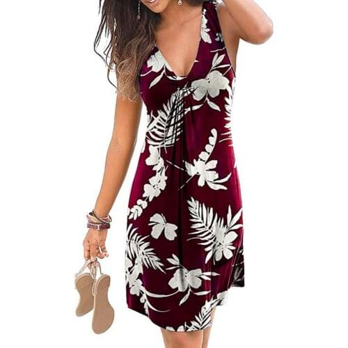 Casual Dress Plant Print A-Line Women V Neck Sleeveless Skirt for Dating