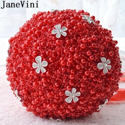 JaneVini Red Bouquet Wedding Flowers for Bride Jewelry Crystal Satin Bridal Bouquet Artificial Purple Bouquet Broche Rood Parel