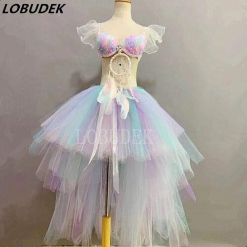 Pearl Feather Bra Iridescent Long Skirt Outfit Stage Performance Sexy Costume Birthday Party DJ Singer 2-Pieces Dance Clothes