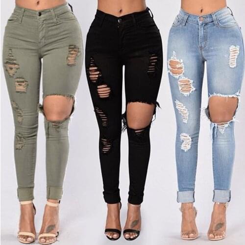 Women High Waist Casual Jeans Washed Distressed Ripped Stretch Skinny Jeans High Street Sexy hole Denim Pants lady Pencil Pants