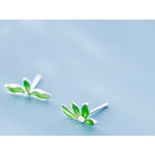 MloveAcc 925 Sterling Silver Jewelry Asymmetry Fresh Green Leaves 1.1cmX0.55cm Stud Earrings for Womens Girl Fashion Jewelry