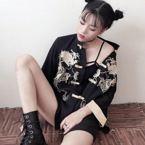 Gothic Japanese Kimono Streetwear Tang Suit Shirt Girls Women Traditional Japanese Kimonos Blouse Dragon Embroidery Jacket 31207