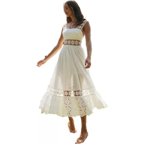 2021 Spring Summer New Ladies Fashion Sleeveless Long Skirt Sexy Lace Square Neck Hollow Stitching High Waist Big Swing Dress