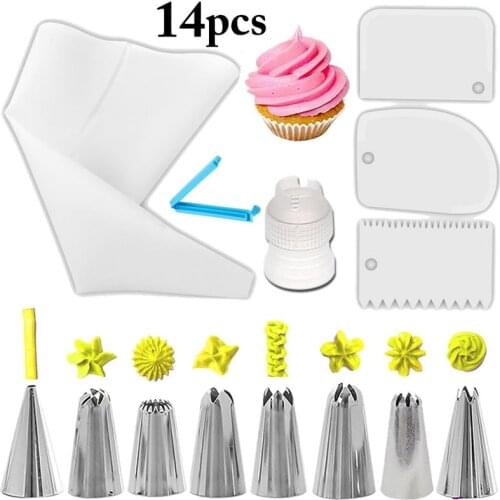 14Pcs/Set Silicone Pastry Bag Tips Kitchen DIY Cake Icing Piping Cream Cake Decorating Tools Reusable Pastry Bag+ Nozzle Set