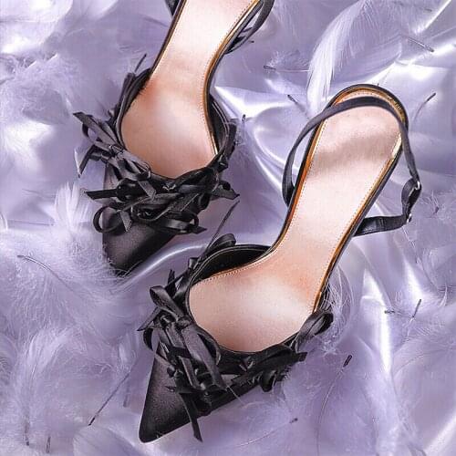 2021 New Pumps Women Bow Silk Pointed Toe Slip On Metal High Heels Shoes Women Fashion Party Wedding Shoes Zapatos De Mujer