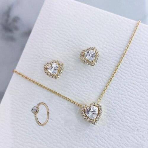 2021 Mothers Gift Gold Elevated Heart Rings Earrings Necklaces Jewelry Set For Women 100% 925 Jewelry Sterling Silver Anillos