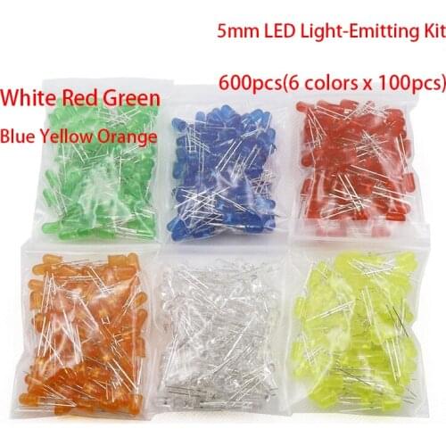 600pcs(6 colors x 100pcs) White Red Green Blue Yellow Orange 5mm LED Diffused Light-Emitting Diode 3V Lamp Assorted Kit Set
