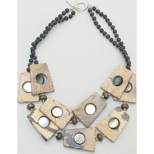 Lii Ji Black Brown Real Stone Big Statement Necklace Jaspers Mother of Pearl Shell Lava 2 rows Necklace Women Jewelry