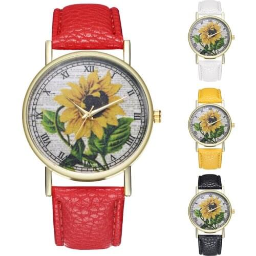Simple Luxury Quartz Watch Women Sunflower Round Dial Faux Leather Strap Roman Numeral Analog Watch Clock Gift reloj mujer New
