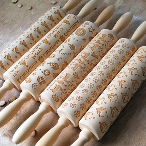 Embossing Wooden Rolling Pin Baking Cookie Noodle Biscuit Waffle Engraved Roller Christmas Reindeer Snowflake Easter Egg Rabbit