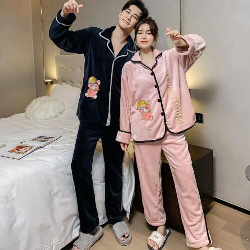 Two Piece Set Korean Flannel Pajamas Winter Warm Couple Sleepwear Home Clothes Coral Fleece Thick Pyjamas Women Men sleepwear