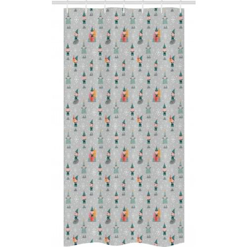 Christmas Elves Shower Curtain Set Funny Cartoon Look Helpers Waterproof Fabric Narrow Bath Curtain Bathroom Decor with Hooks