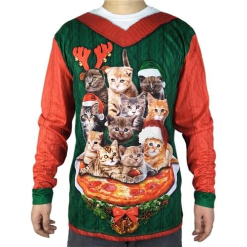 Cute Cats Pizza Christmas T Shirt for Men Kawaii Mens 3D Fake Two Piece Print Long Sleeve Holiday Season Ugly Xmas T-shirts