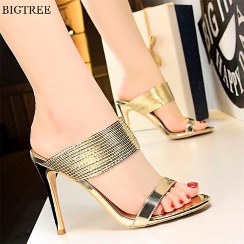 2021 Summer Thin Heels Retro Women Outdoor Slippers PU Leather Open Toe High Heels 10cm Slipper Womens Show Thin Party Slippers