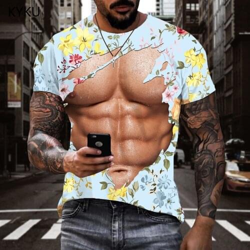 KYKU Muscle T-shirt Men Abdominal Muscles Shirt Print Flower T-shirts 3d Harajuku Tshirt Printed Short Sleeve Hip hop Fashion