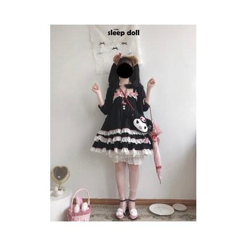 New Summer Girl Black Lolita Bowtie Dress Harajuku Punk Sweet Preppy Style Temperament Kawaii Fashion Mini Dress