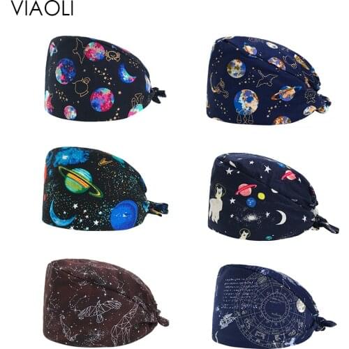 Wholesale Breathable cute cartoon Floral printing Elastic Scrubs hat pet shop Beautician work hat laboratory unisex Scrub cap