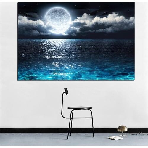 Blue Ocean Under Moonlight Calmful Heart Poster Nature Landscape Painting On Canvas Bedroom Wall Art Decoration Pictures Home