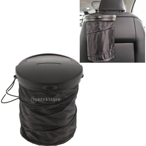 Plastic Folding Car Trash Can Car Garbage Bin Container Rubbish Bin Black With Flip Open Lid and Adjustable Hook