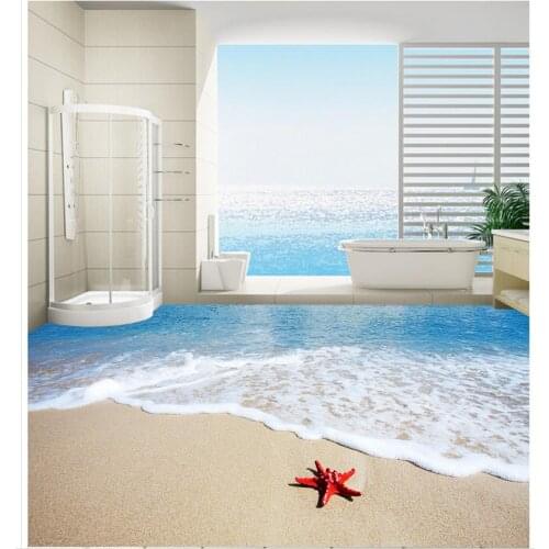 3d floor painting wallpaper Sea beach sea star wave 3D bathroom floor painting pvc self-adhesive wallpaper