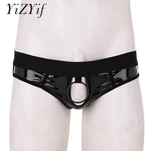 Sexy Mens Panties Male Lingerie Faux Leather Open Back Hollow Out Jockstrap Low Rise Bikini Briefs Underwear with Metal O-Ring