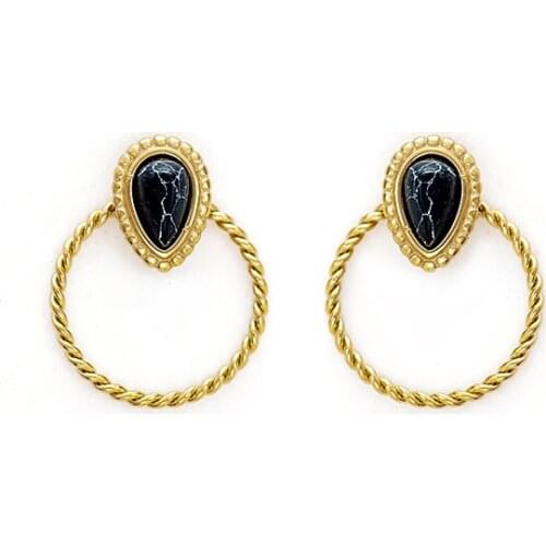 Bohemian Style Round Circle Stud Earrings Minimalist Stainless Steel Water Drop Natural Stone Earring For Women Fashion Jewelry