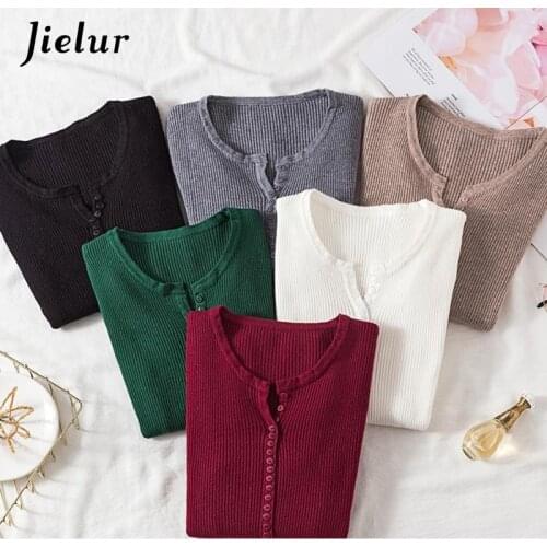 Jielur Autumn Winter Button V Neck Sweater Women 2021 Basic Slim Pullover Women Sweaters Pullovers Knitwear Jumper Ladies Tops