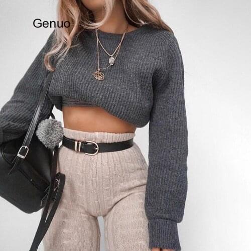 Casual Crop Sweater Autumn Winter Slim Grey Long Sleeve Jumper Knitwear Sexy Fashion Women Sweaters and Pullovers