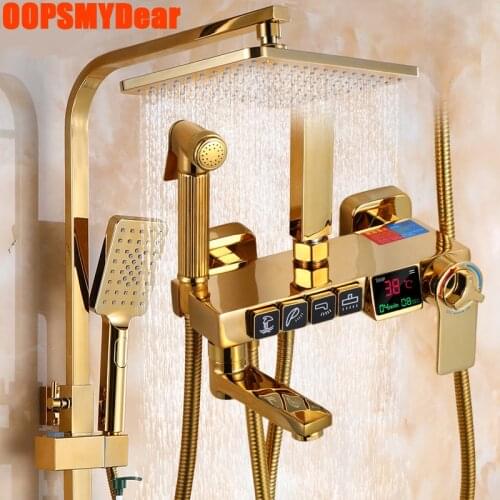 Gold Shower Set Bathroom Thermostatic Digital Shower System Wall Mount Hot Cold Mixer Smart Bath Faucet Square Head SPA Rain Tap