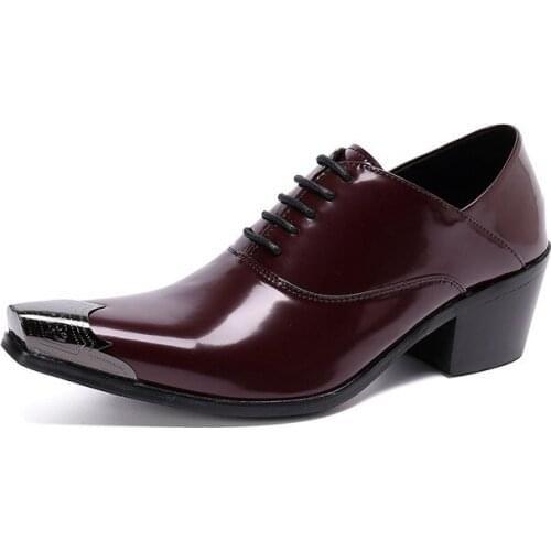 Italy Luxury Men Dress Wedding Shoes Patent Glossy Cowhide 6cm High Heels Fashion Pointed Toe Heighten Oxford Shoes Party Prom
