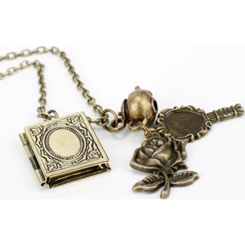 Movie Jewelry Magic Flower Necklace Rose Book Pendant His Beauty/Her Beast Valentines Day Fairy Tale Victorian Gift