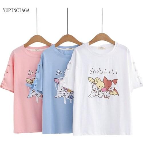 2021 Summer New Cotton Womens Sweet Cartoon Cat Print Loose Shoulder Sleeves Lace Short Sleeve Sweet Style T-shirt Girls Tops