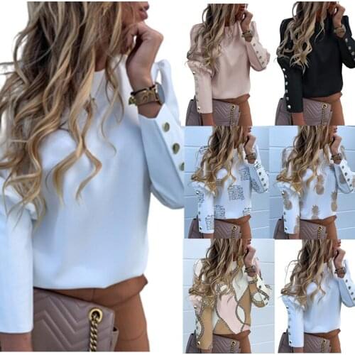 Women Fashion Long Sleeve Round Neck Metal Button T-shirt Female Slim Pullover Top