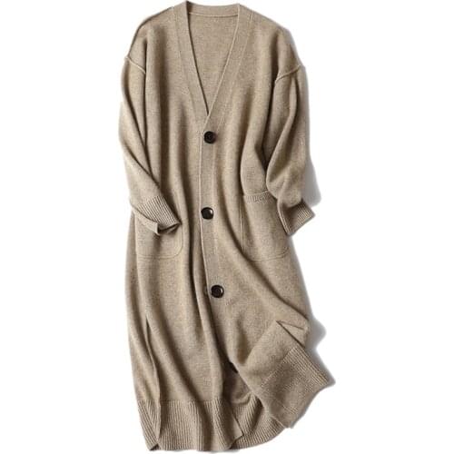 2020 Womens Long Cardigan New Autumn Winter V-neck 100% Cashmere Coat Lazy Outdoor Sweater Women Single Breasted