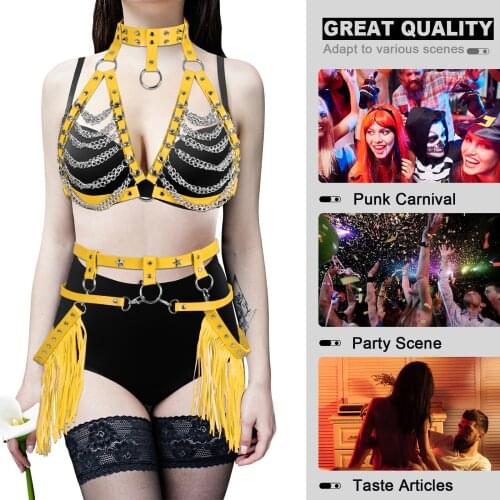 Gothic Leather Chain Cage Bra Harness Tassel Skirt Garter Belt 2 PCS Set Women Body Bondage Sword Belt Waist Belts Rave Costume