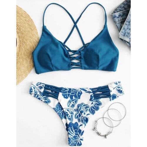 Blue Print Push Up Swimwear Women Two Piece Bikinis Set Cross Bandage Swimsuit Bathing Suit Bikini 2021 Mujer Biquinis Feminino