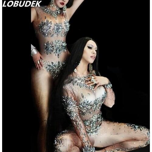 Lady Silver Rhinestones Stretch Skinny Jumpsuit Crystals Bodysuit Bar Party Dancer Stage Wear Club DJ Singer Pole Dance Costume