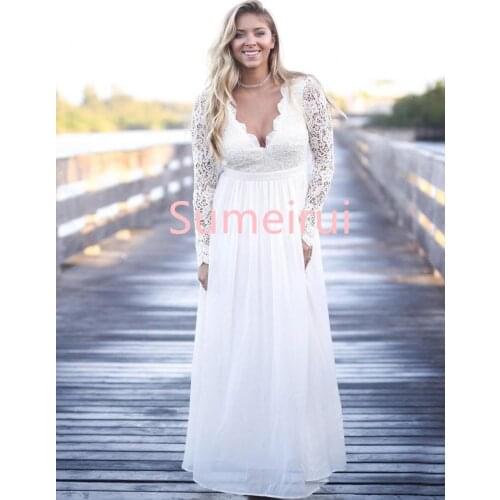 Sexy Boho Plus Size Wedding Dresses V-Neck A-Line Floor Length With Long Sleeves Beach Boho Country Backless Bridal Wedding Gown