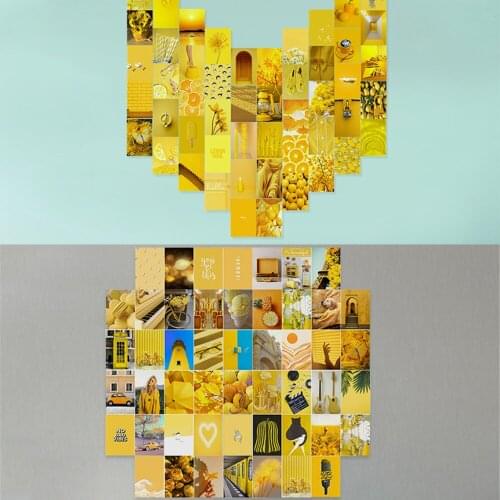 50Pcs Literary Energetic Yellow Series for Wall Collage Kit Feel Cheerful and Bright Postcard Set Wall Paper Decorative Stickers
