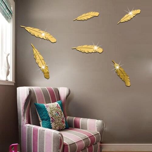 6 Pcs Feather Shaped Acrylic Mirror Wall Stickers Mirror Mural Bedroom Living Room Decor Home Decoration Accessories