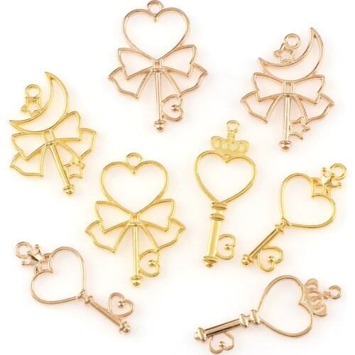 Cabochon Base Setting Mix Key Flower Heart Moon Metal Frame Pendant Gold Charm Bezel Setting DIY UV Resin Charm 4PC/set