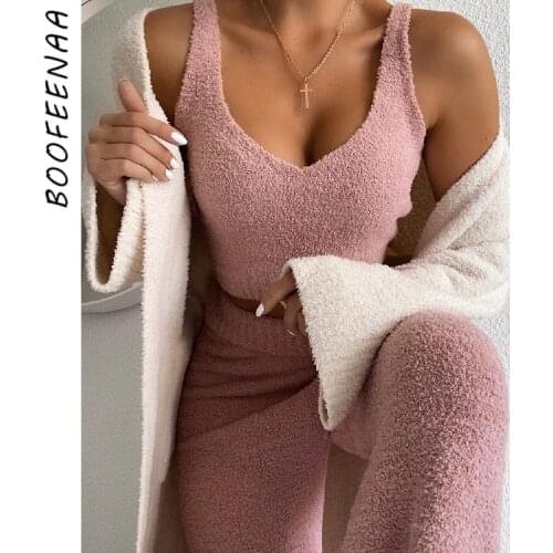 BOOFEENAA Cozy Plush Sweater Two Piece Set Crop Top and Pants Suit Casual 2 Piece Outfits for Women 2020 Lounge Wear C97-FD46