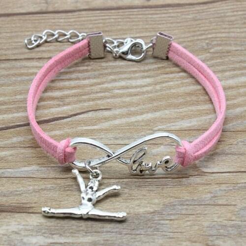 Infinity Love Gymnastics Charm Pink Yellow Suede Leather Bracelet Gifts For Women & Men Sports Bracelets Jewelry