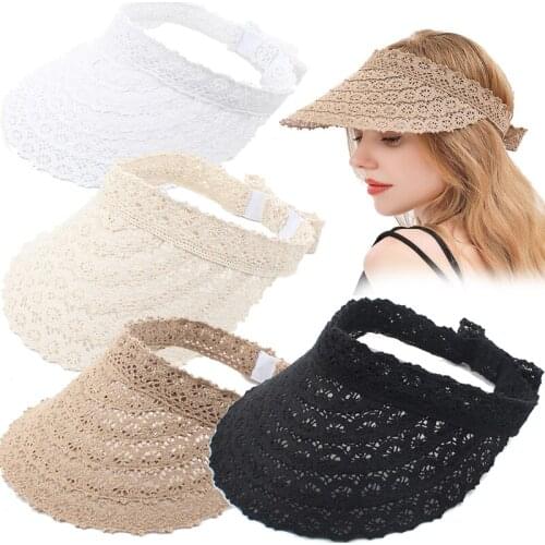 Women Summer Hat Foldable Visor Sun Cap Hat Lace Wide Brim Straw Beach Hats Breathable Hollow Top Hats UV Protection Caps